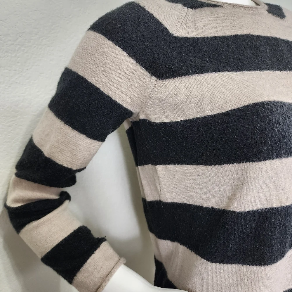 Tory Burch Striped Black Tan Long Sleeve Wool Sweater Size S